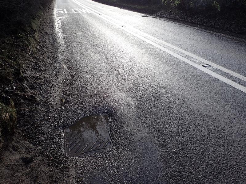 Blocked gulleys on Audlem Road (near and far side)